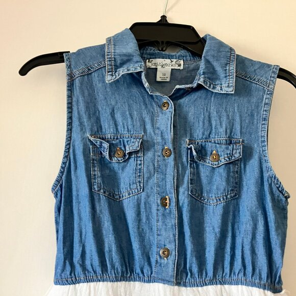 Knit Works Denim Cifon Flared Girls Dress 12 Knitworks Blue White - Picture 6 of 9